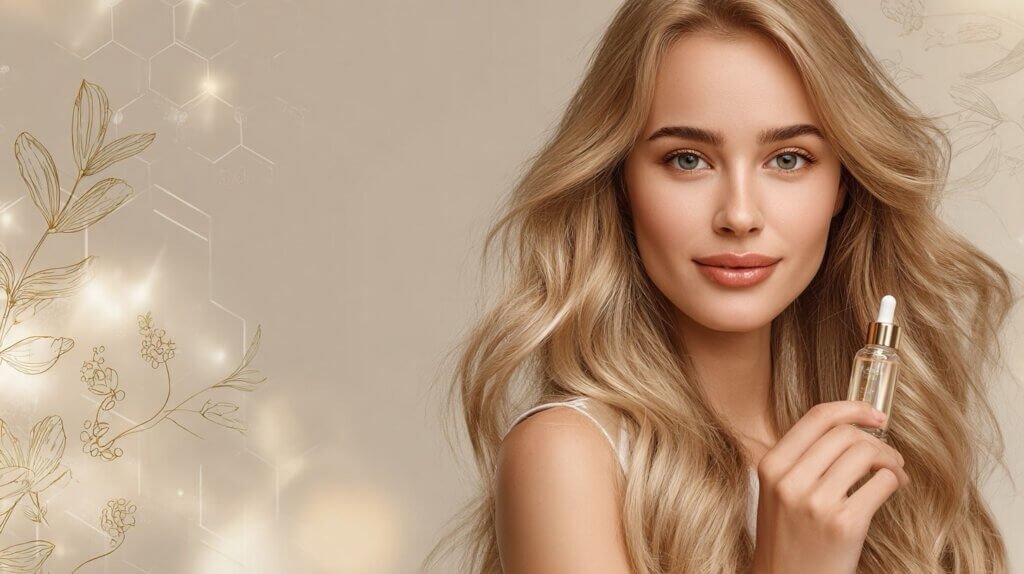 Ultra realistic portrait of a beautiful woman with naturally glowing skin holding a glass dropper of retinol ,anti-aging serum in her hand. Soft golden light illuminates her smooth, hydrated skin texture. Subtle botanical and scientific elements appear in the background representing collagen renewal, cell regeneration, and holistic beauty. Premium medical- luxury aesthetic supporting the doctor- approved anti-aging message of the article