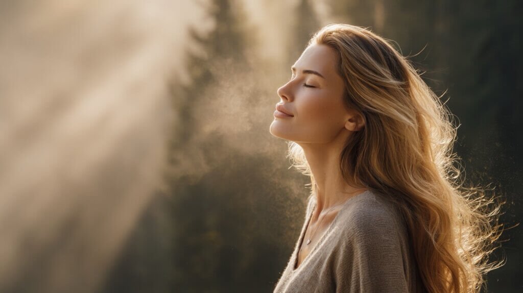 Beautiful woman breathing in forest air filled with golden mist , symbolizing the rejuvenation power of negative ion benefits for anti-aging and radiant wellness.
