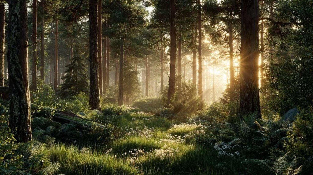 Sunlight filtering through pine trees in a lush green forest, symbolizing fresh air, clarity,and natural rejuvenation.
