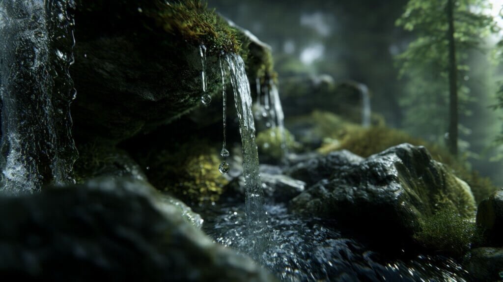 Small waterfall flowing into a quiet forest brook, symbolizing gentle negative ion release and peaceful rejuvenation.