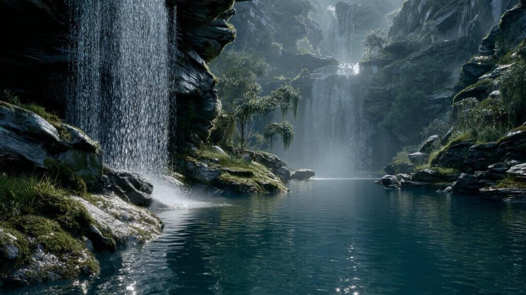 Majestic waterfall in forest sunlight, symbolizing the poweful flow of negative ions and natural rejuvenation