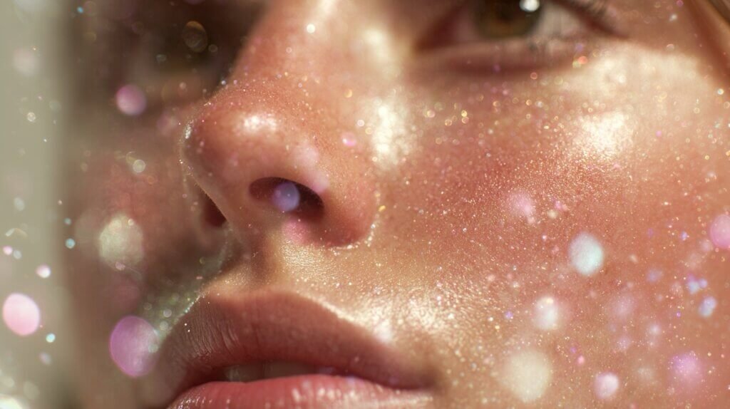 Luxury editorial hero image of radiant healthy female skin with glowing microscopic light particles representing the skin microbiome-elegant, scientific and artistic skincare aesthetic