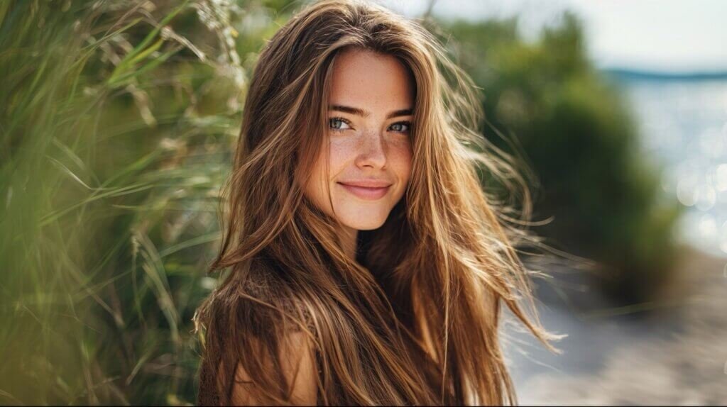 A beautiful young woman with glowing , freckled skin and brown hair blowing gently in the wind, standing in front of soft green plants, expressing natural healthy beauty, freshness, and holistic vitaliy.