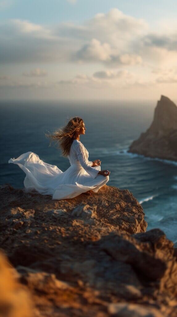 Serene woman practising yoga on a cliff above the ocean in a sunrise light, symbolizing that holistic mindset is how important in our everyday wellness, well being.