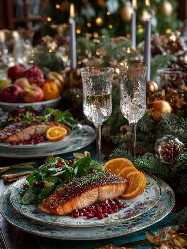 Radiant Christmas table with vitamin-rich foods to feed skin glowing. Luxury menu on hand painted china is: roasted salmon with pomegranate , spinach salad with spicey orange slices