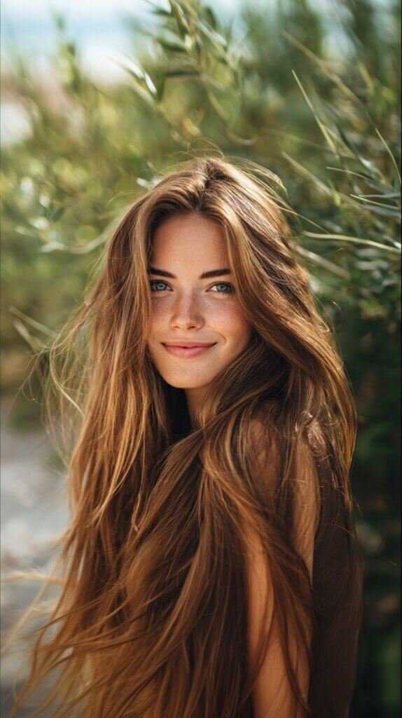 beautiful radiant woman standing in front of green plants symbolizing natural healthy beauty and longevity