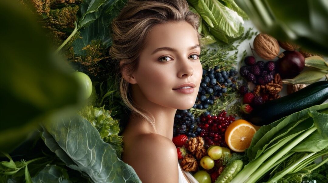 Beautiful woman with glowing, healthy skin surrounded by vitamin-rich foods to feed your glow, symbolizing the power of nutrition for radiant beauty and natural skin regeneration.