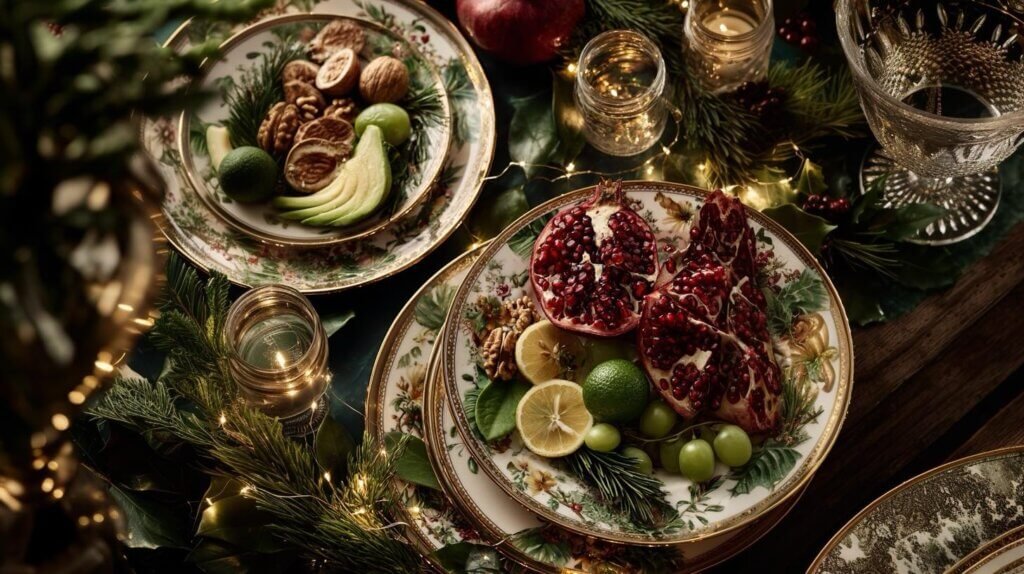 Beautiful Christmas -themed table filled with vitamin-rich glow foods,citrus,pomegranate, herbs,and festive ingredients- representing the christmas glow menu for radiant skin.
