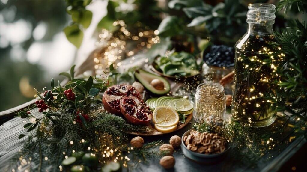 Beautiful Christmas themed table filled with vitamin-rich glow foods, citrus, pomegranate, walnuts, herbs, and festive ingredients- representing the christmas glow menu for radiant skin